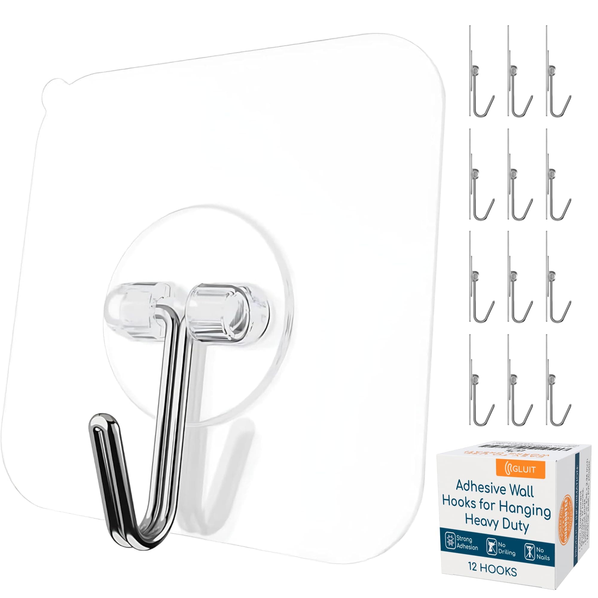 GLUIT Adhesive Hooks for Hanging Heavy Duty Wall Hooks 22 lbs Self Adhesive Sticky Hooks Waterproof Transparent Hooks for Keys Garage Outdoor Office Workshop Door Sticky Hook 12 Pack