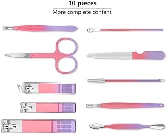 Manicure Set 10pcs Professional Nail Clippers Kit Pedicure Care Tools-Stainless Steel Grooming Tools for Travel (Pink Purple)