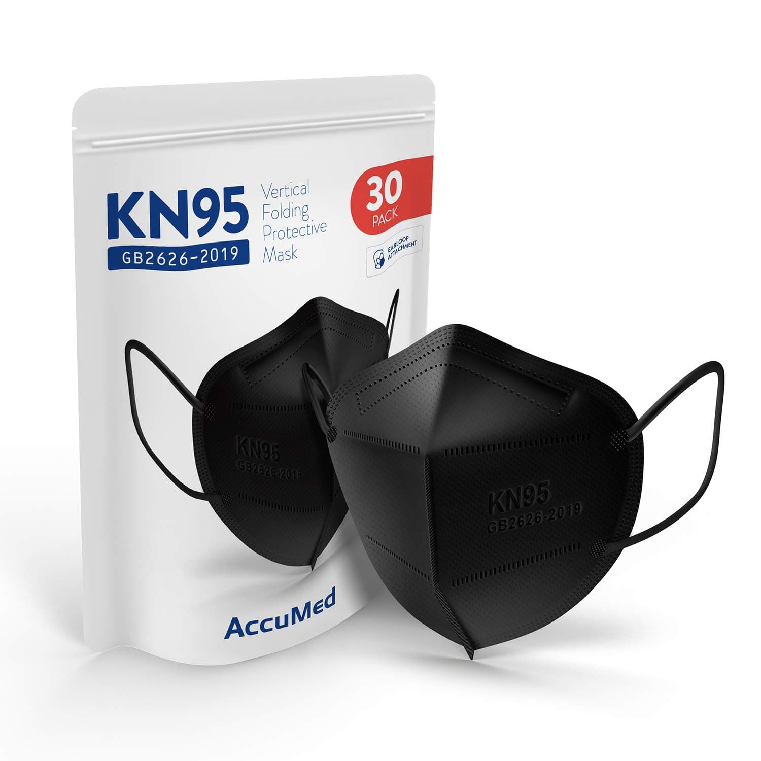 AccuMed 30-Pack KN95 Face Mask, Protective Face Mask, Disposable Mask, GB2626-2019 (Black)