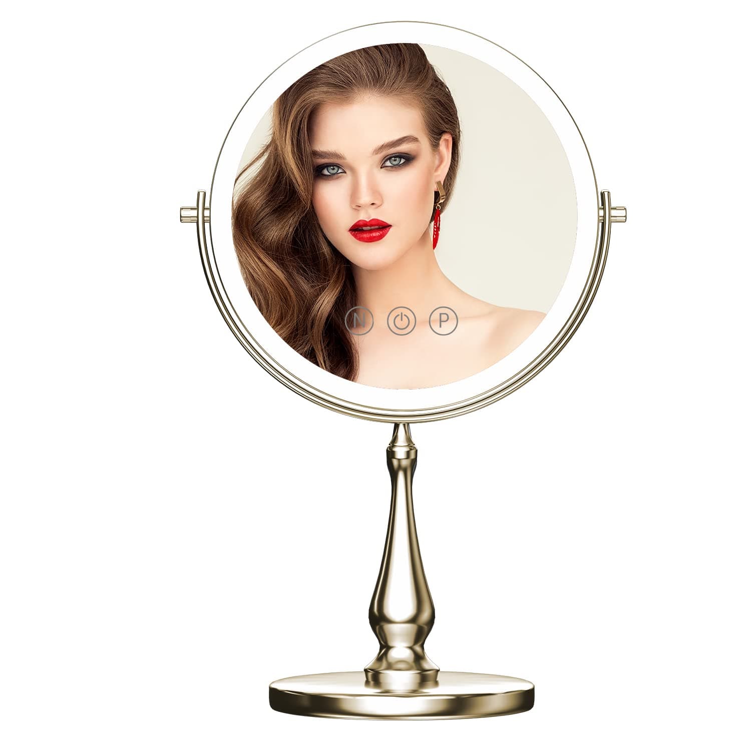 9 "Large Light Makeup Mirror, 1x / 10x True HD Magnifying Mirror, 3-Color Light dimmable, 2 Rechargeable Makeup Mirrors 360° Rotation, Standing Desk Makeup Mirror, Brush Nickel