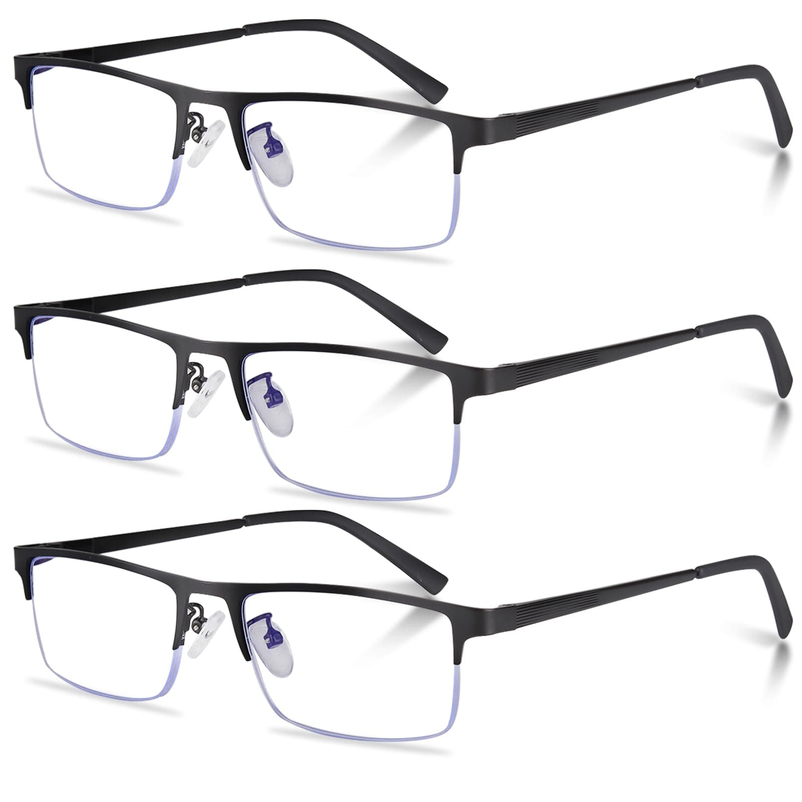 3-Pack Reading Glasses for Men, Lightweight Metal Half Frame Blue Light Blocking Computer Readers, Filter UV Ray/Computer Glare with Spring Hinge Eyeglasses(3PCS Black,+1.25)