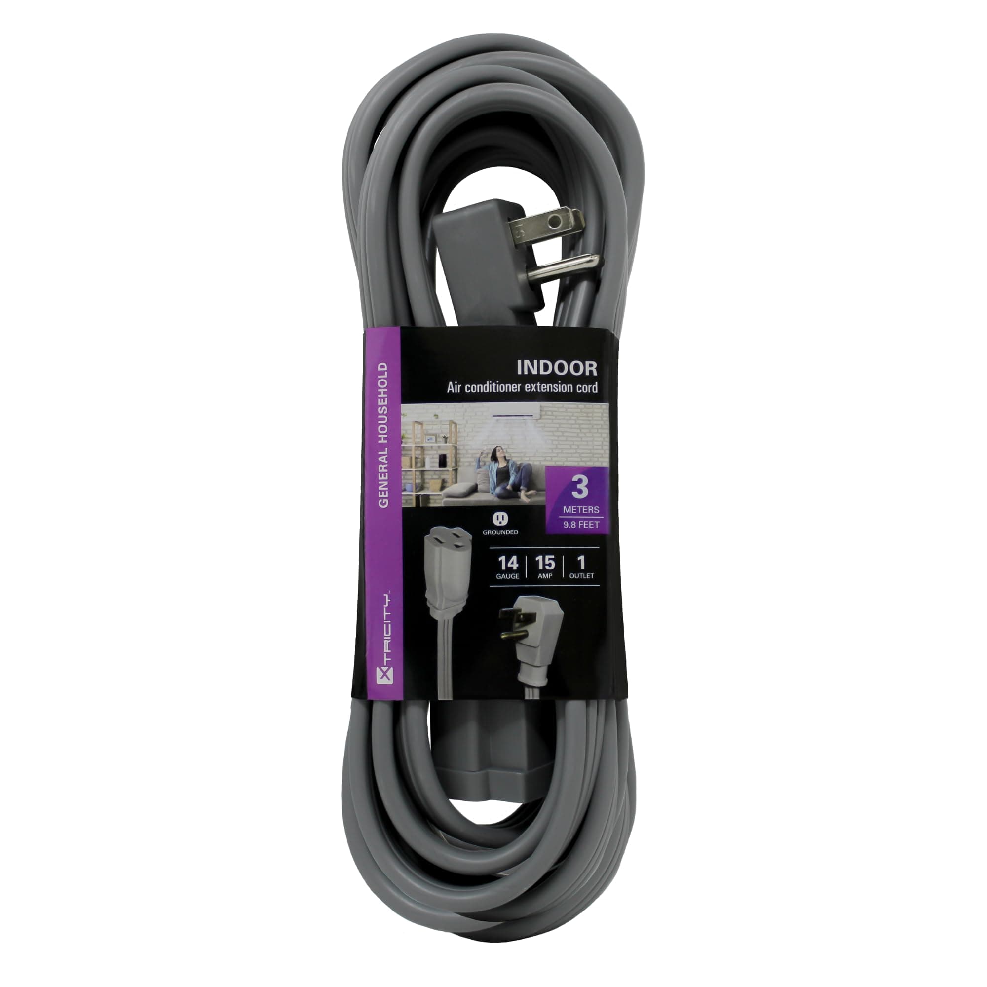 Cable de extensión resistente de 3 m para aire acondicionado y electrodomésticos, calibre 14, 15 A, ETL, color gris