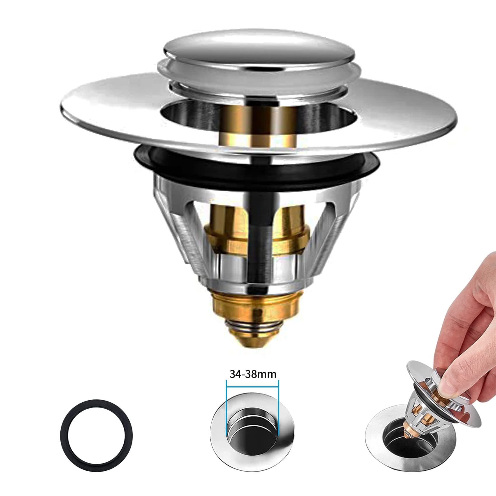 Bathroom Sink Plug Replacement, Brass Universal Pop Up Drain Stopper with Bounce Core, Bath Basin Plug Filter with Basket Hair Catcher, Push Type Sink Strainer No Overflow for Bathroom,34-38mm