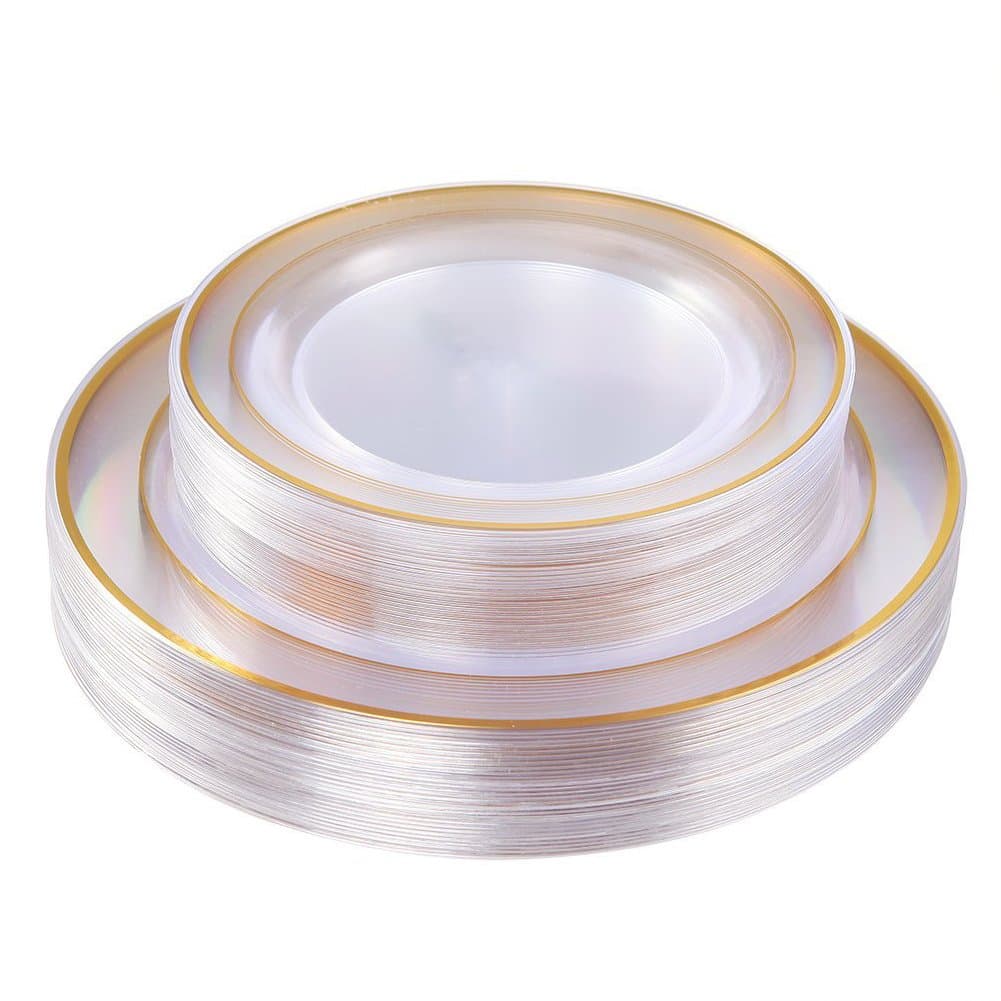 60 Pcs Clear Gold Plastic Plates, Gold Disposable Plates Includes: 30 Dinner Plate 10.25" and 30 Dessert Plate 7.5 ", Premium Clear Plate Prefect for Wedding and Gold Plates Party/Birthday