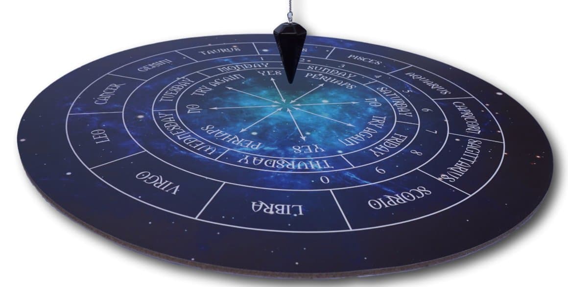 Black Obsidian faceted pendulum dowser on silver chain with pendulum board by Thorness