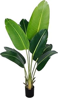 Artificial Bird of Paradise Plant 4Ft Fake Tropical Palm Tree with 8Trunks Faux Banana Leaf Trees in Pot for Home Indoor Outdoor Office Modern Decor Housewarming Gift（1Pcs）