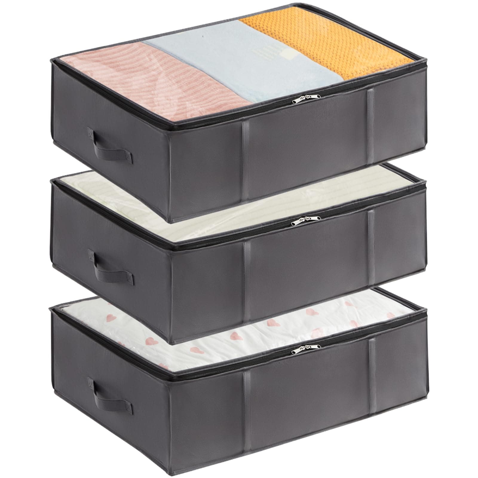 Lifewit 3 Pack 40L Under Bed Storage, Underbed Storage Boxes with lid Clothes Storage Bag Wardrobe Storage Organiser with Reinforced Handle, PVC Window for Duvet, Blanket, Clothing, Shoes, Grey