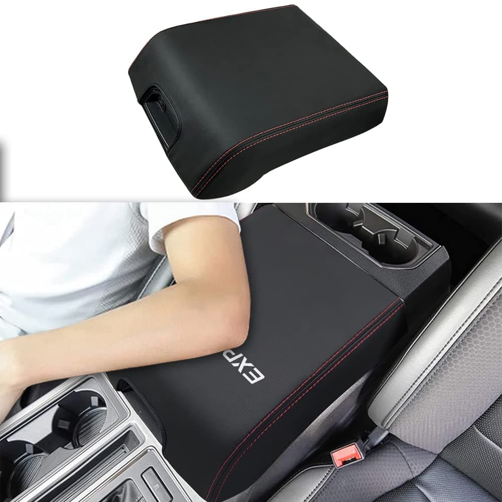 CEBAT Center Console Armrest Box Cover Anti-Scratch Leather Auto Central Armrest Protector Pad Interior Decoration Accessories Fit for Ford Expedition 2018-2023(Red Stitches)