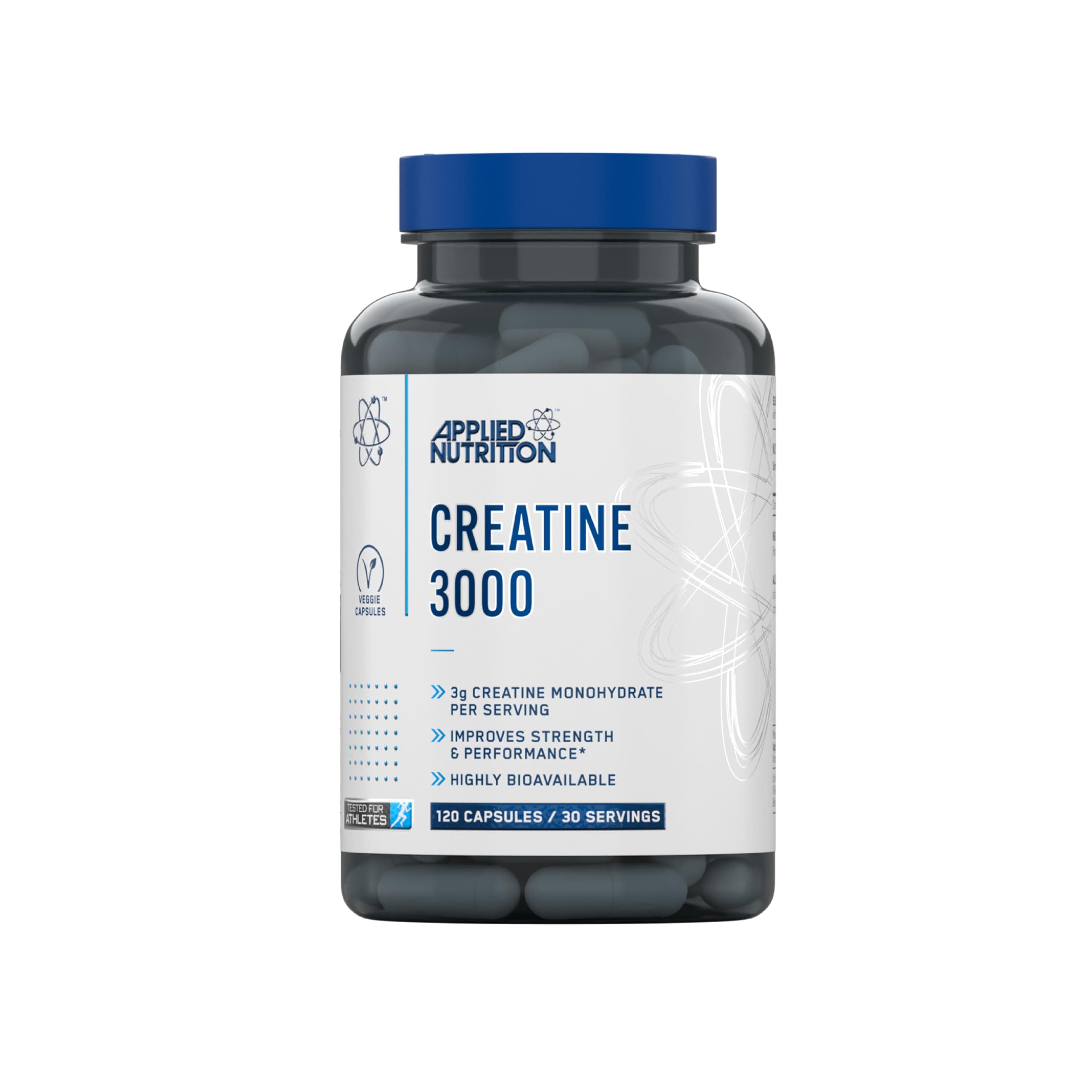 Applied Nutrition Creatine 3000 - Creatine Monohydrate Capsules 3000 mg per Dose, Creatine Capsules for Muscle Building, Increasing Physical Performance (120 Capsules - 30 Intakes)