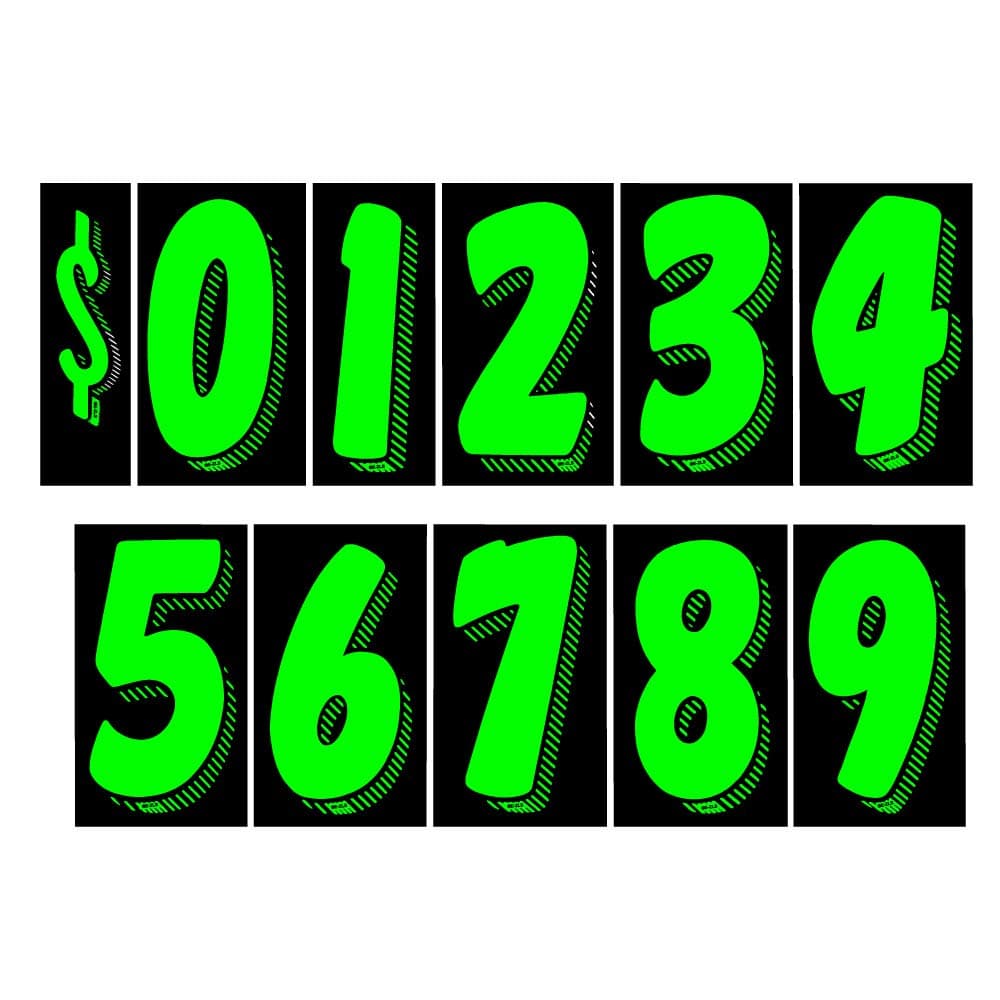 7 1/2 Vinyl Number Decals, Windshield Pricing Stickers, Chartreuse Car Lot Pricing Numbers, 11 Dozen