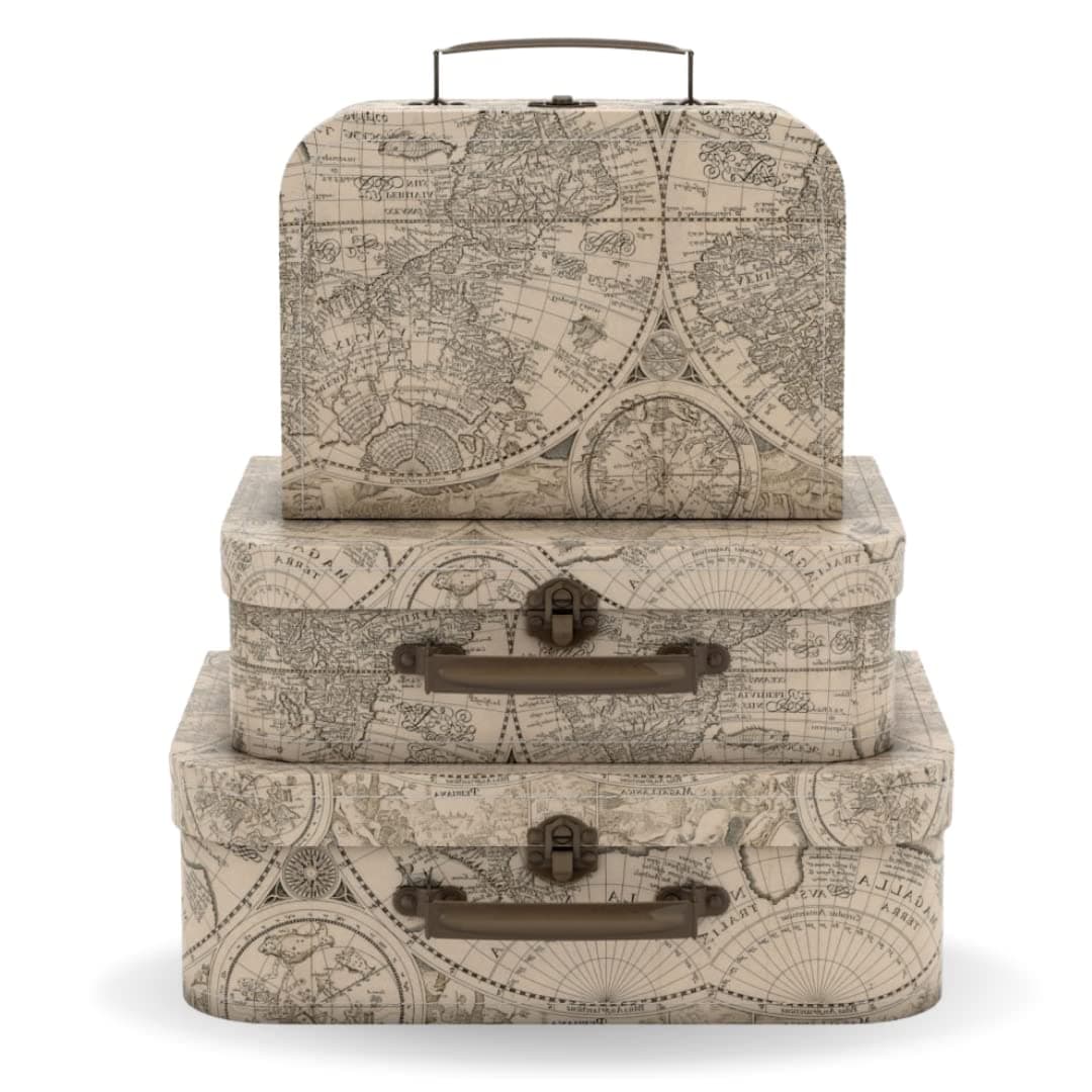 Soul & Lane Decorative Suitcase Storage Boxes with Handle, Set of 3 Cardboard Suitcase Boxes with Lids, Vintage Luggage Prop Travel Decor for Home, Travel Themed Party Decorations, Global Glam.