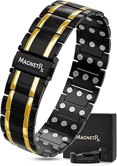 3X Strength Titanium Magnetic Bracelet – Magnetic Bracelets for Men – Premium Fold-Over Clasp and Adjustable Length with Sizing Tool (Black/Gold)