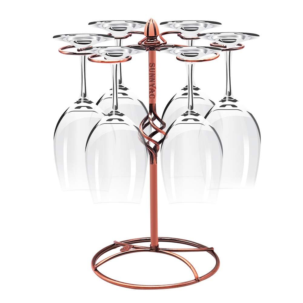 Sunnyac Scrollwork Bronze Wine Glass Rack, Elegant Freestanding Stemware Holder Stand with 6 Hooks, For Home and Bar Storage and Artistic Tabletop Display, Spiral-style（Bronze 1）