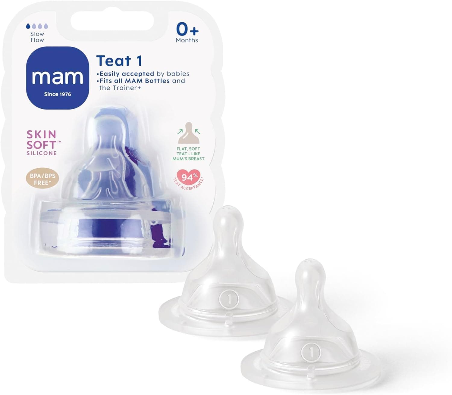 MAM Teats Size 1 | 2 Pack | Slow Flow | Fits All MAM Bottles | Made from SkinSoft Silicone | Baby Accessories for Newborn
