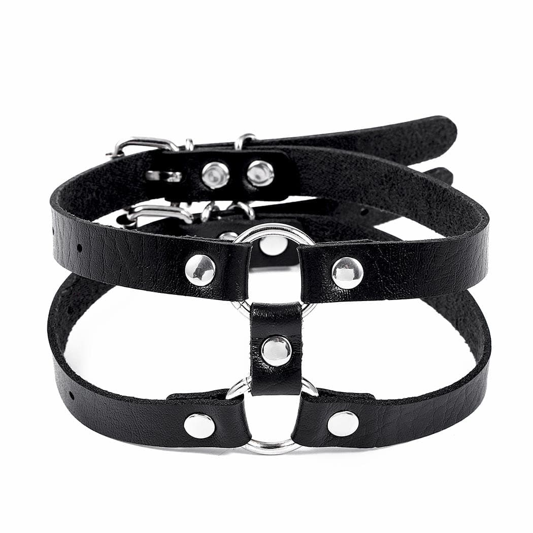 Black Leather Choker Punk Short Collar Gothic 2-tier Circle Rivet Necklace Soft PU Leather Short Neck Accessories for Women