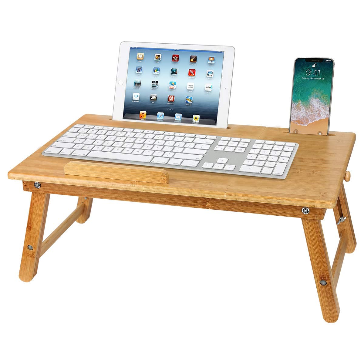 Foldable Large Bed Tray,Portable Bamboo Breakfast Tray,Adjustable Height Lap Desk Laptop Bed Desk with Drawer,Breakfast Tray,Multifunction Laptop Stand with Tablet & Phone Slots.