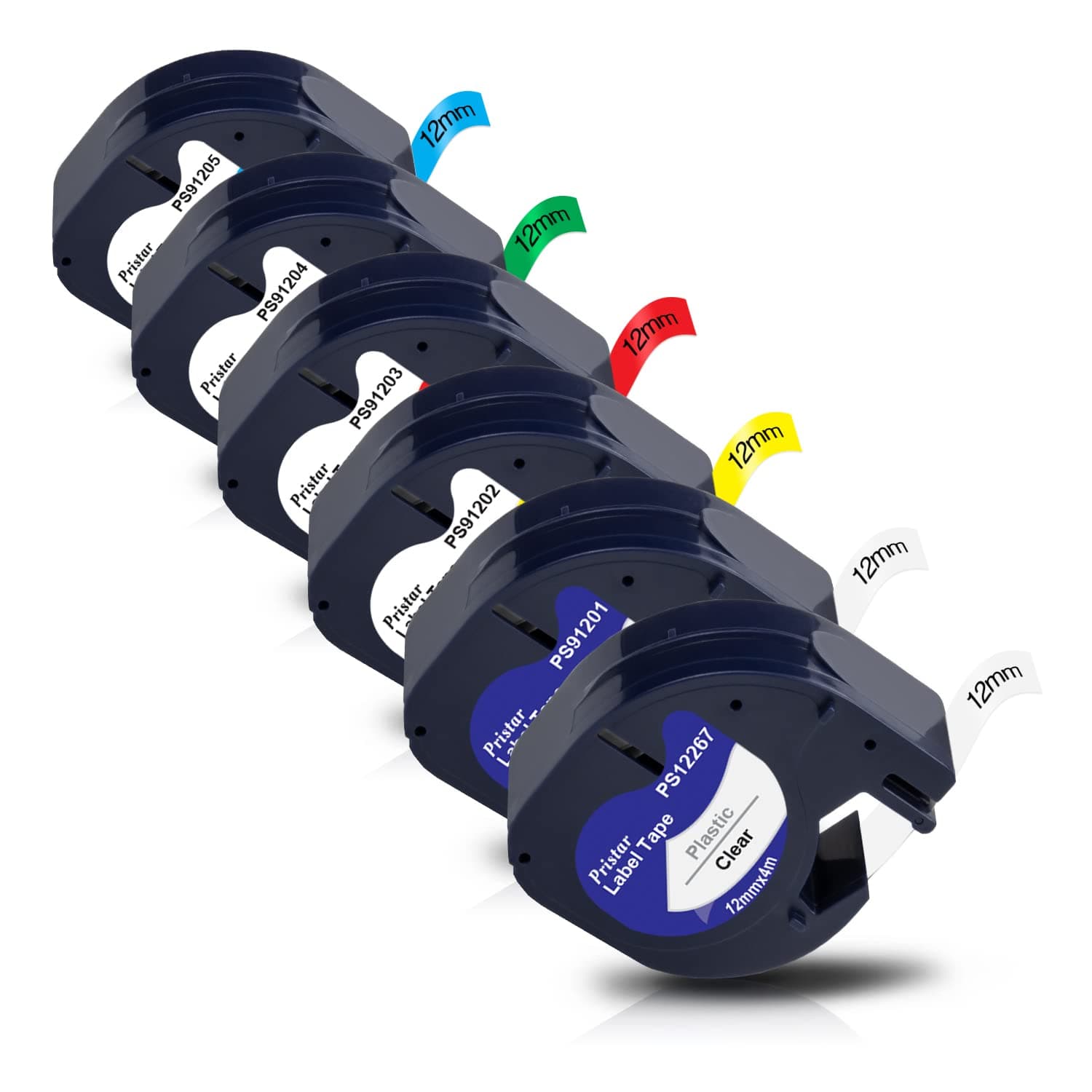 Pristar Replace for Dymo LetraTag Refills Plastic 91331 16952 91332 91333 91334 91335 Work for Dymo LT-100H LT-100T 200B LT-110T QX50, Black on White/Clear/Yellow/Red/Green/Blue, 12mm x 4m(1/2" x 13')