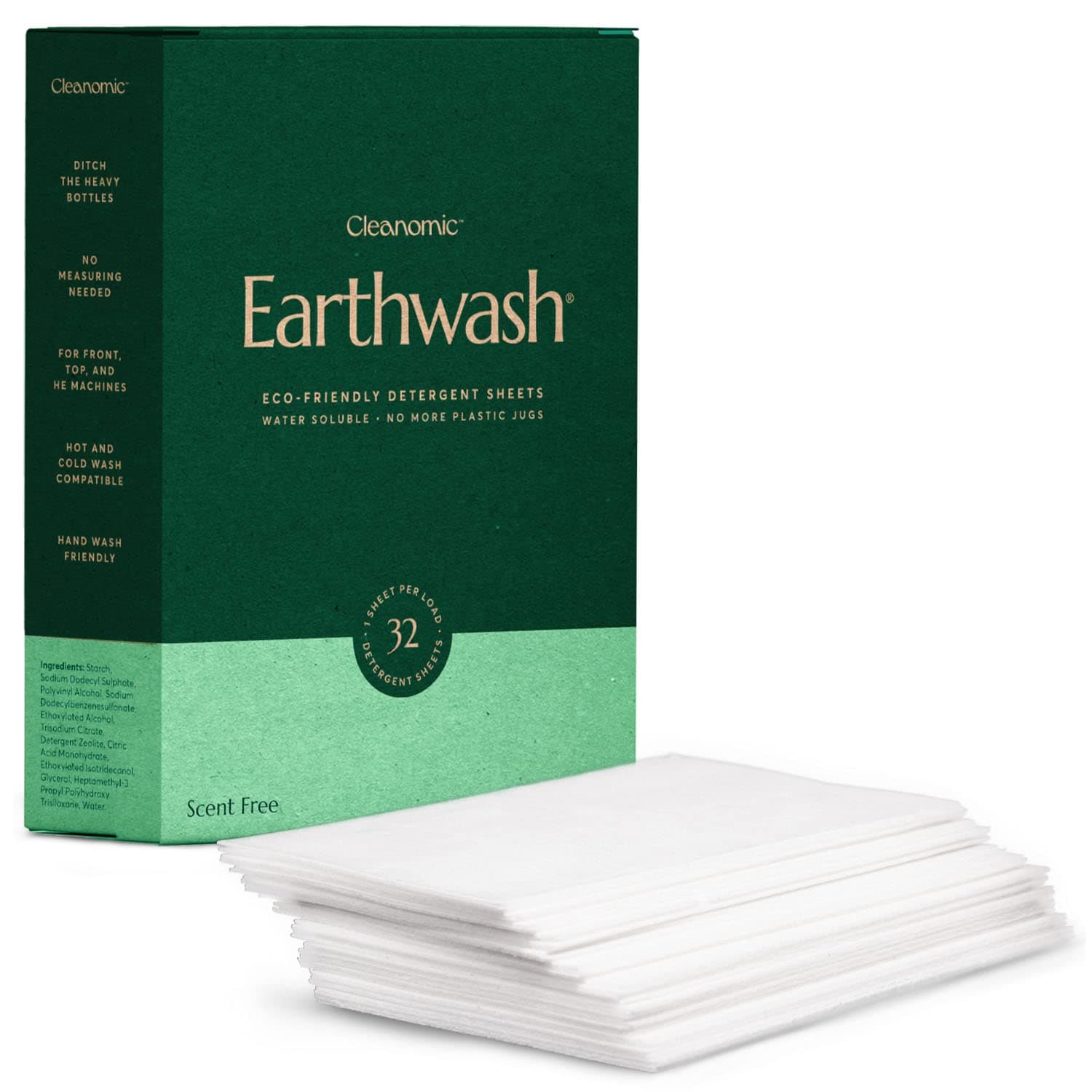 Laundry Sheets, Scent-Free (32 Loads), The Perfect Plastic Free Detergent Strips, Ideal for TravelHome Use. Biodegradable-Easy Dissolve, True Eco-Wash