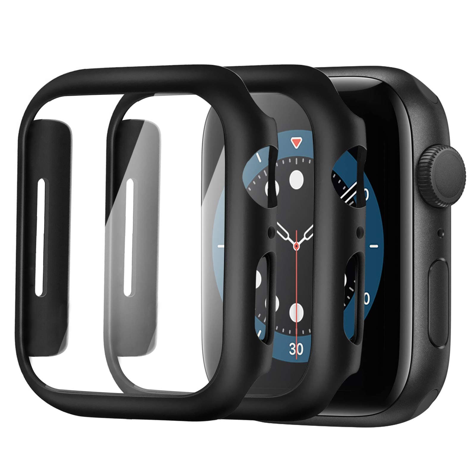 Screen Protector for Apple Watch 44mm Series 4/5/6/ SE Tempered Glass [2 Pack] [Full Coverage] Bumper Hard Case [with Screen Protector Built-in] Overall Protective Cover-Black