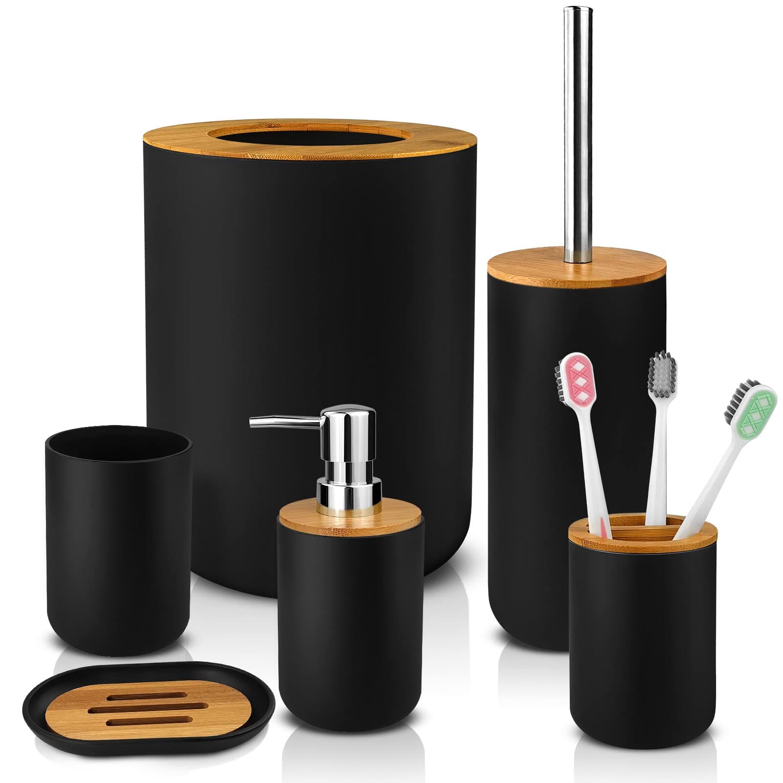 Bamboo Bathroom Accessory Set, 6 Pcs bathroom essential Includes Toothbrush Cup, Toothbrush Holder, Soap Dispenser, Soap Dish, Toilet Brush with Holder, Trash Can, with 3 Toothbrushes (Black)