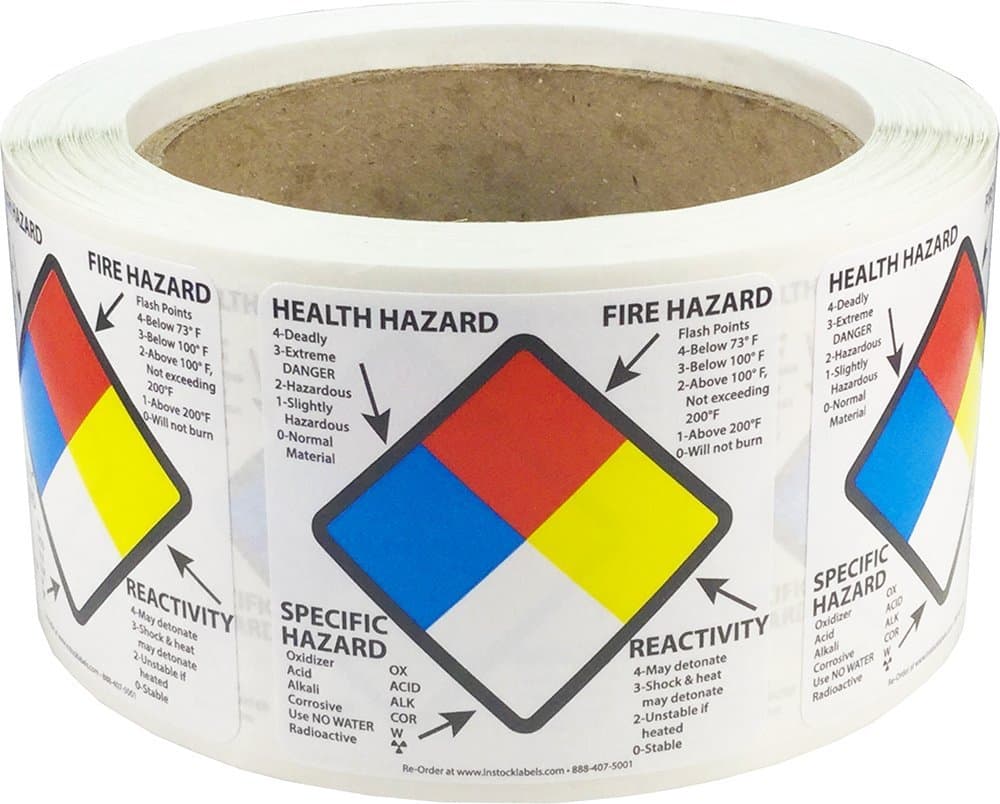 Right to Know Labels Health Fire Reactivity Specific Hazard, 2 x 2 Inch Square Adhesive Stickers, 500 Total Hazard Labels on a Roll for Workplace Safety and Compliance – Made in The USA