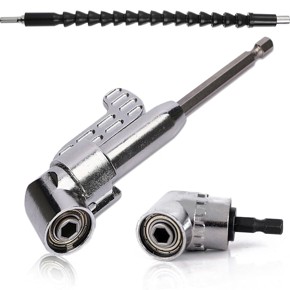 QISF 2Pcs 105 Degree 1/4 Inch Right Angle Drill Adapter Hex Shank Screwdriver Angled Bit Holder Power Drill Tool(1Pcs Short & 1Pcs Long) + 1Pcs Flexible Angle Extension Bit Kit for Screwdriver &Drill