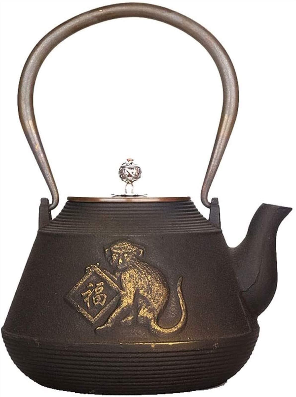 Vintage Cast Iron Kettle Teapot Crafted Golden Monkey Blessing Pattern Oxidized Inner Wall without Coating 1.1L