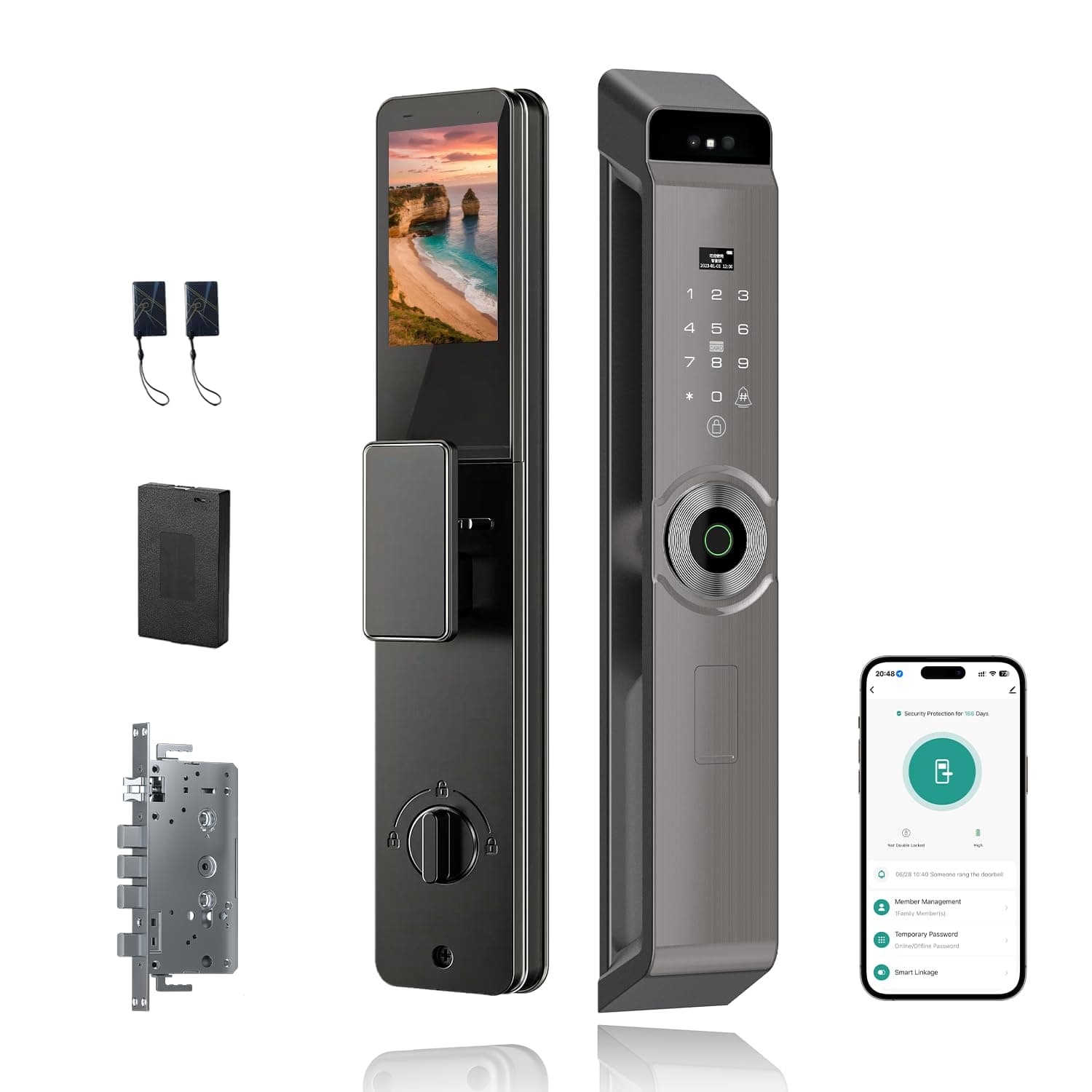 – Smart lock, Door Lock,Multiple Unlocking Methods,Tuya,2 Independent cat's eye,5000 mah battery, 3D face recognition 6068 mortise,Class C lock cylinder. (M12pro)