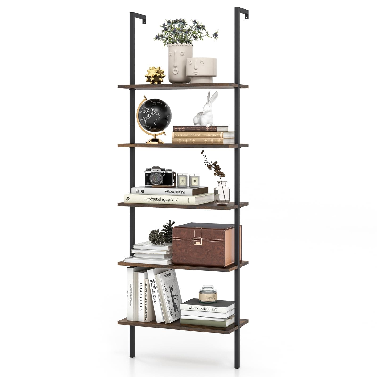 5 Tier Modern Wall Mounted Bookshelf Rustic Brown, 71" Industrial Wood Bookcase with Steel Frame, Stand Display Storage Rack Organizer Ladder Shelf for Living Room, Kitchen