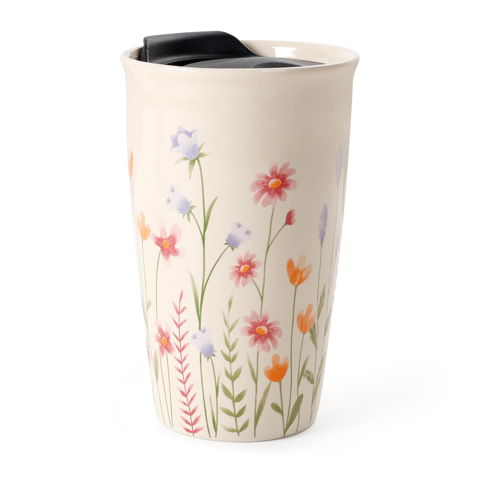 Coffee Cup Ceramic Travel Mug with Lid for Hot Drinks, Insulated Double Wall Mug, 12oz/350ml, BPA Free, Dishwasher Safe, for Home, Office, Car, to Go (Beige)