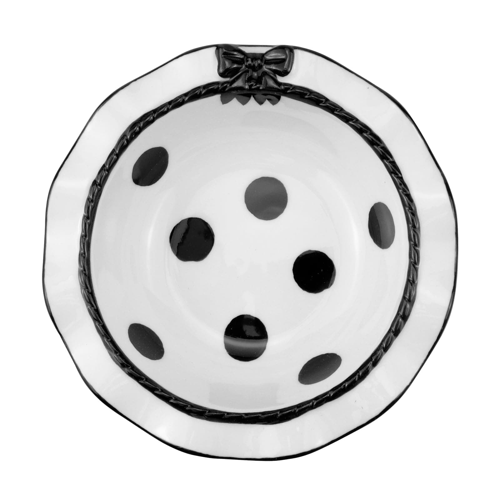 Bitray Cute Ceramic Bowls Black Dot Ceramic Bowl Lovely Wavy Lace Ceramic Bowl with Bow Suitable for Soup Salad Dessert (Black - 5 Inch)