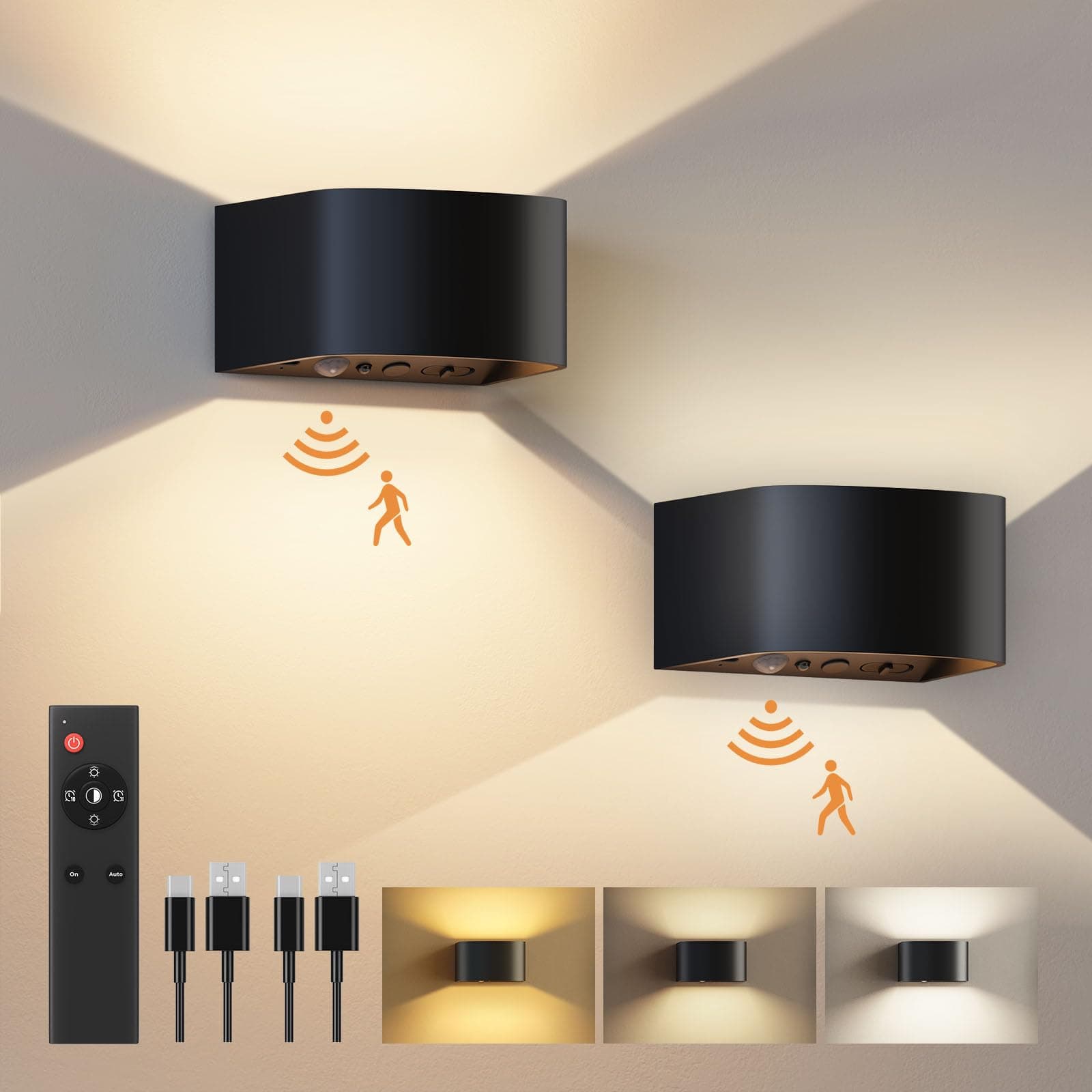 Motion Sensor Wall Light with Remote Control 3 Colors Wireless Wall Lamp LED Indoor Up and Down Wall Sconce 5000mAh Rechargeable Battery Powered Wall Lamps Brightness Adjustable, Black 2 Pack