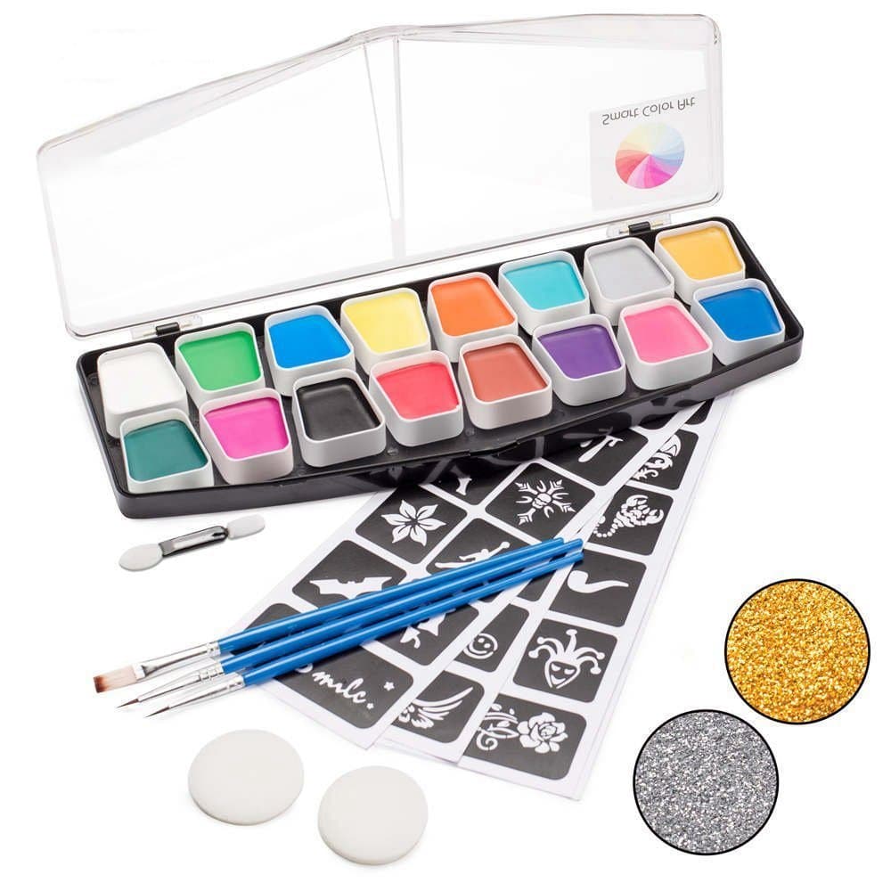 Face Paint Kit,16 Colors Set with 2 Glitters 40 Stencils 2 Sponges 3 Brushes by Smart Color Art, Non-Toxic Professional Face Body Paint Easy to Apply & Remove,Perfect for Kids Adults Face Painting