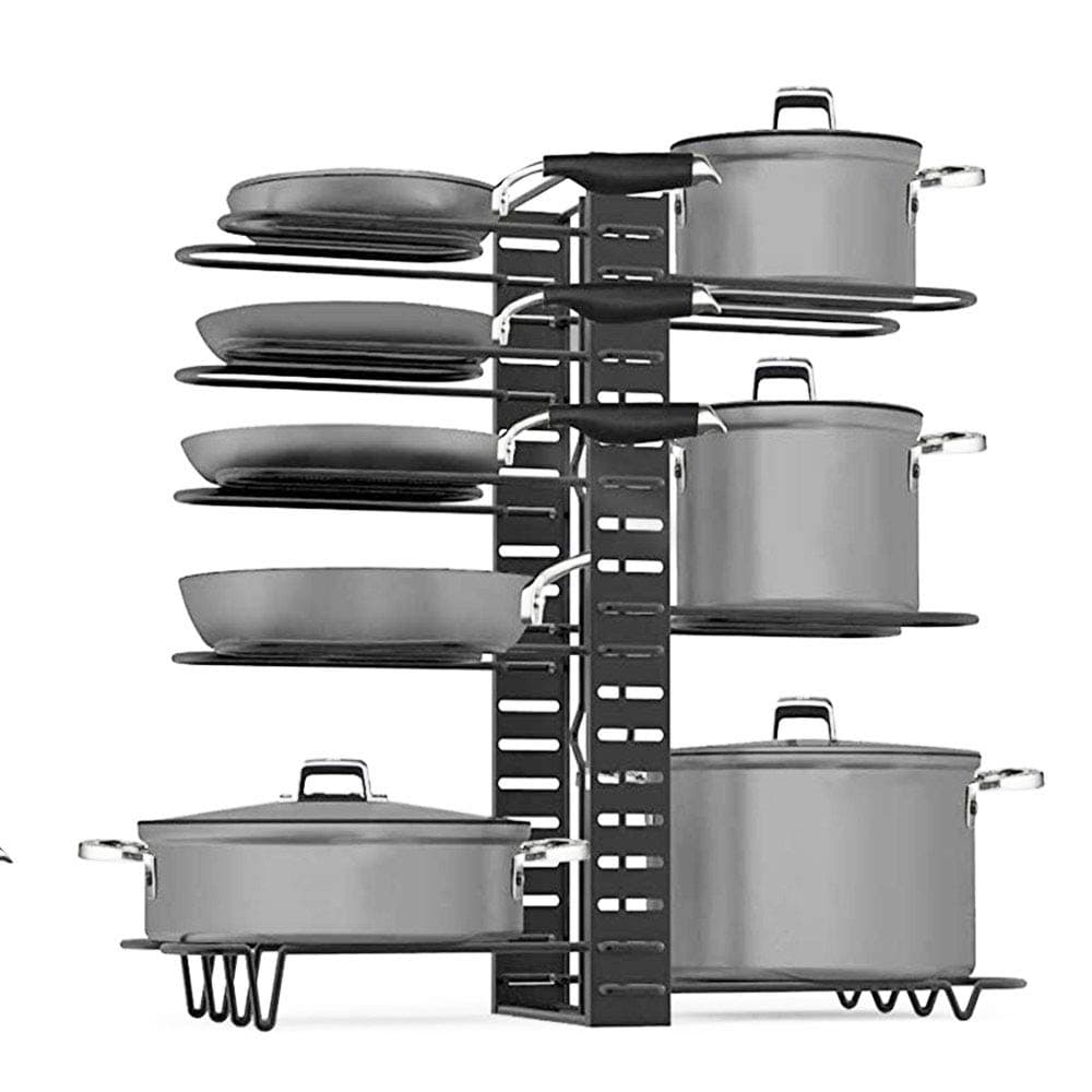 Pan Rack Organizer - Adjustable 8 Pots Holder - Kitchen Cabinet Pantry Pot Lid Holder