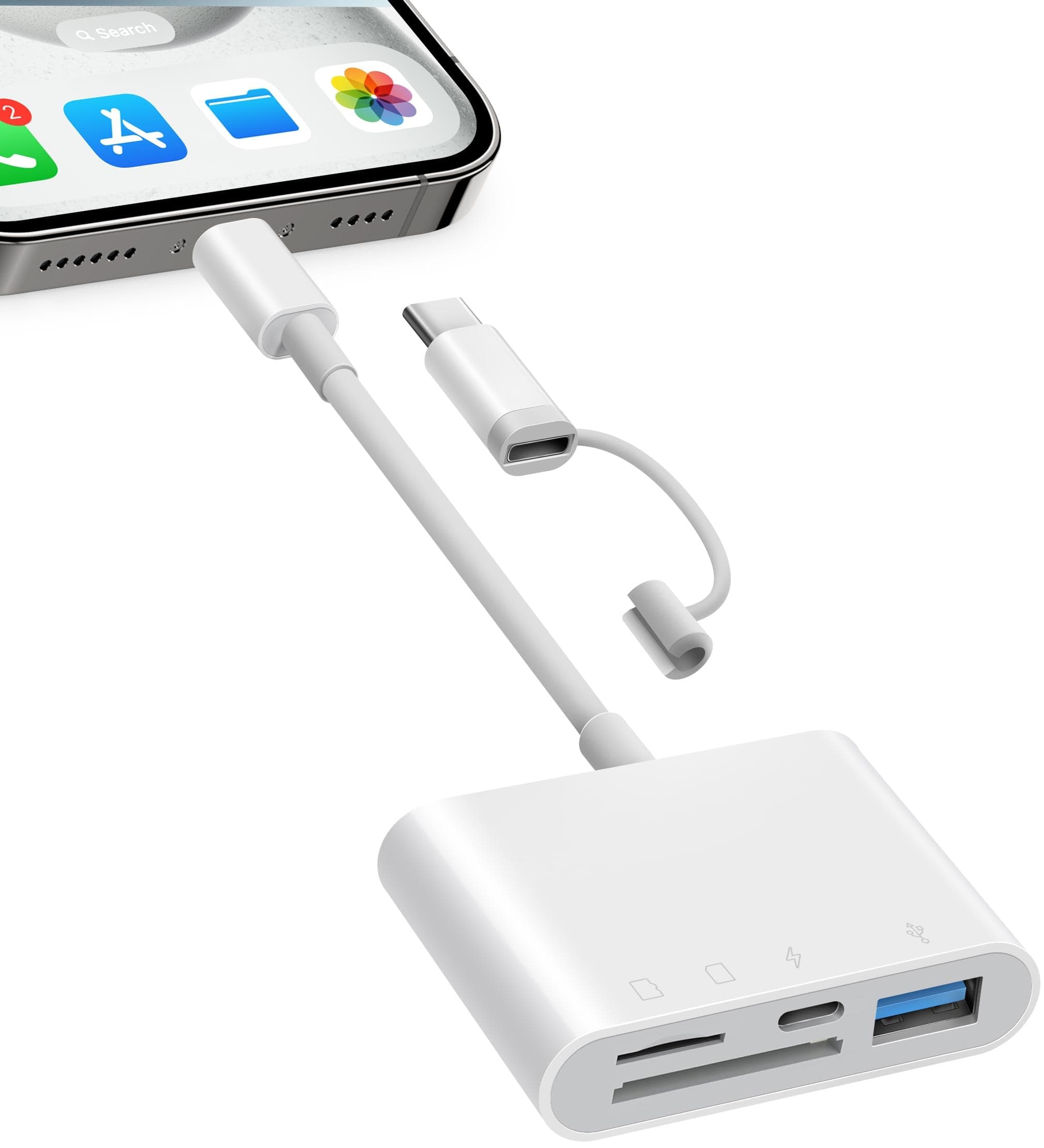 SD Card Reader for iPhone iPad, 4 in 1 Micro SD/SD Card Reader to iPhone Adapter, SD Card Viewer with TF/SD Dual Slot, Portable Camera Memory Card Reader for iPhone with Charging Port, Plug and Play