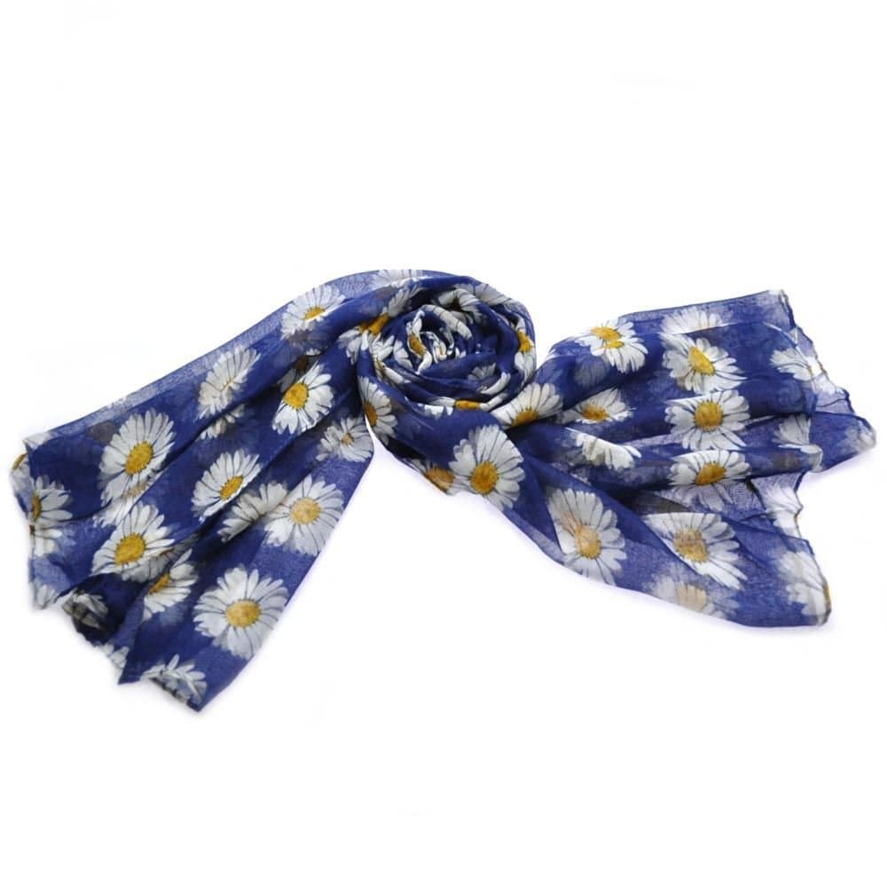 Daisy Print, Large Viscose Scarf, Navy