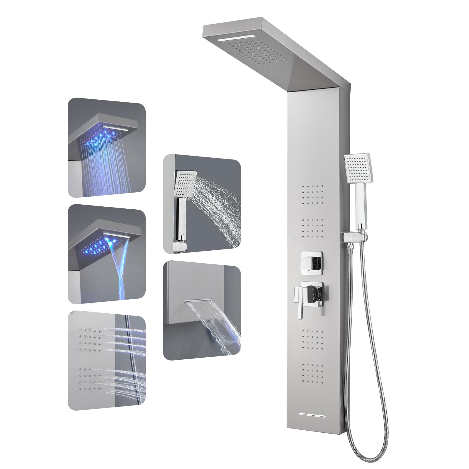 ROVOGO LED Shower Panel Tower System 46.5", 5-Function Shower Column with Rainfall Waterfall Shower Head, 4 Body Jets, Handheld and Tub Spout, Stainless Steel Brushed