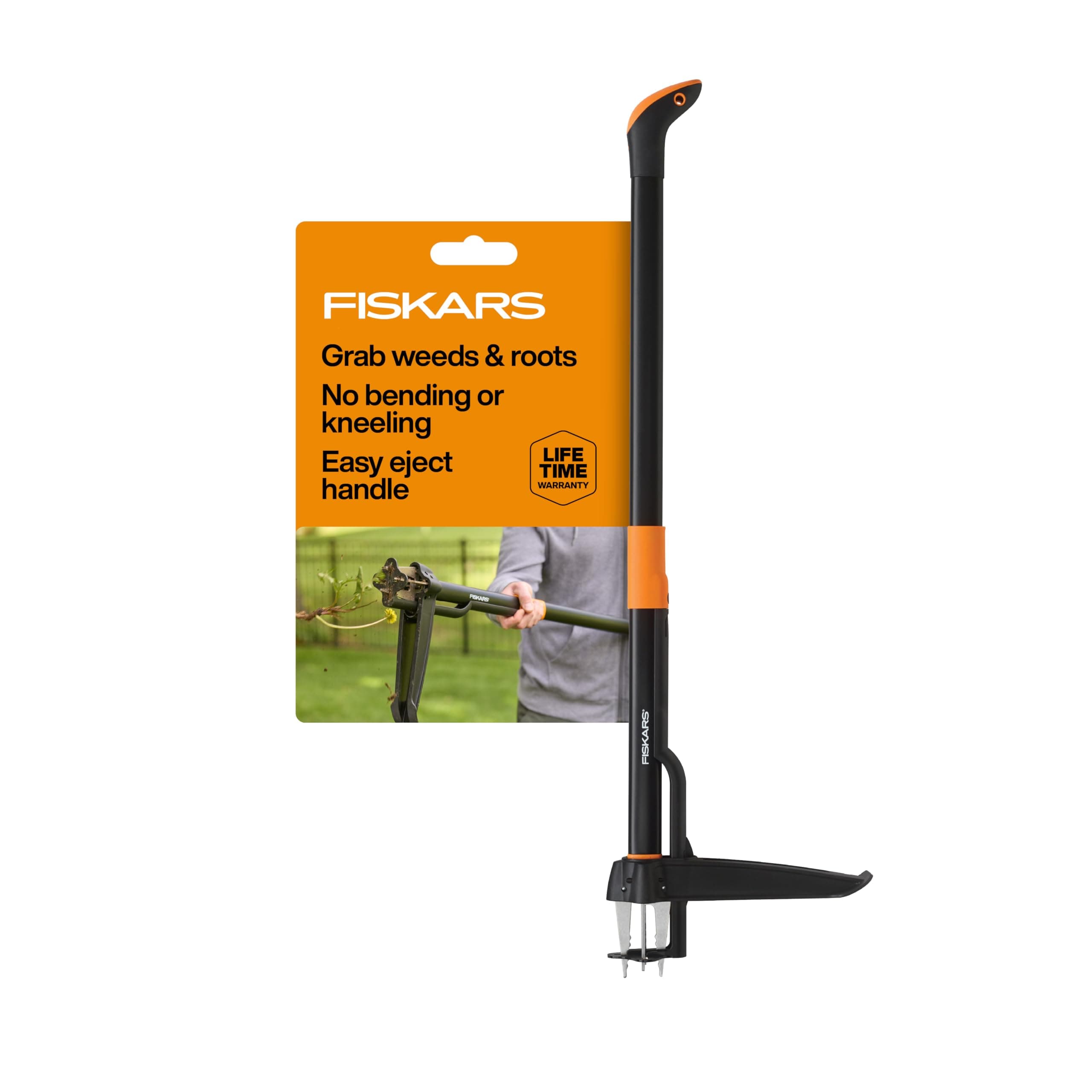 Stand-Up Weed Puller Tool, 4 Serrated Stainless Steel Claws Grip Roots for Permanent Removal, Reinforced Foot Platform Penetrates Tough Soil, Easy-Eject & Ergonomic Offset Handle, 39"