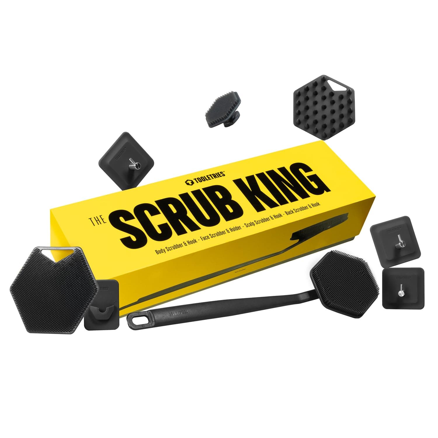 TOOLETRIES The Scrub King-Silicone Scrubber Set for Men-Includes Back &Blood_Circulation Scrubbers,Face Body Brush,Scalp Massager,3 Storage Hooks,& Holder-Shower&Bathroom Hygiene Accessories-Charcoal