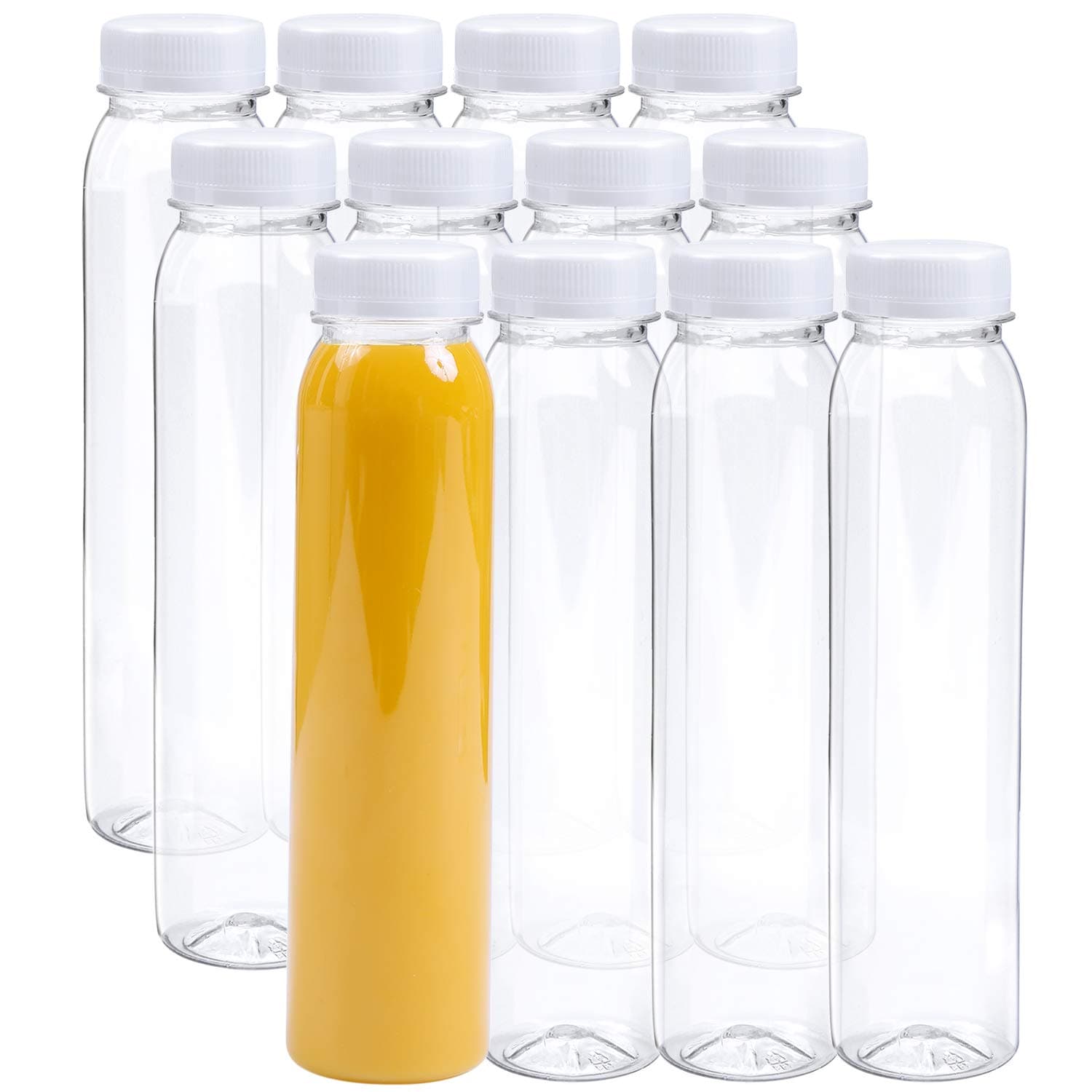 Aneco 12 Pack 12 Oz Plastic Empty Juice Bottles Round Drink Containers with Lids for Storing Water or Homemade Beverages