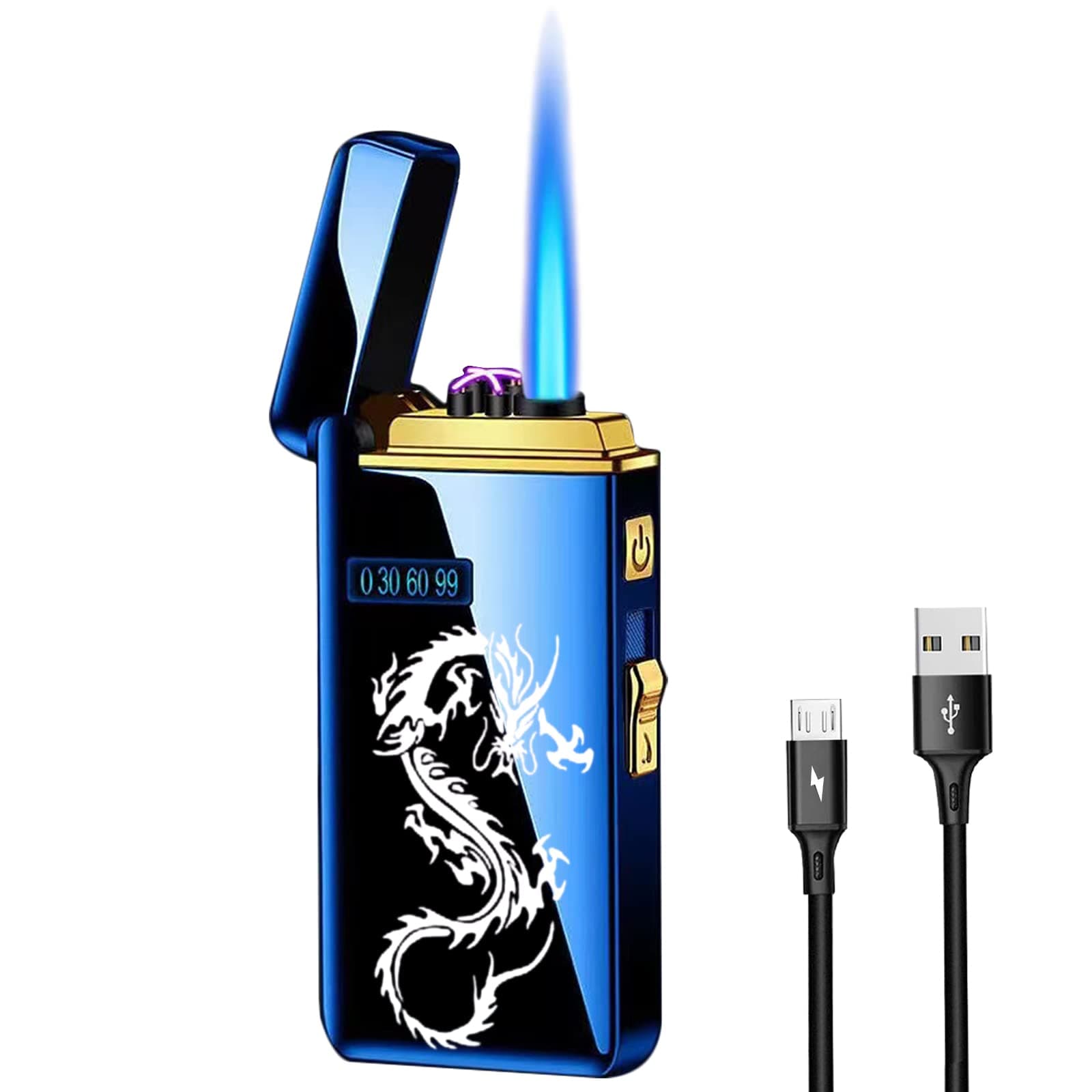 Arc Jet Flame Torch Lighter - 2 in 1 Electronic Refillable Butane, USB Rechargeable With Battery Indicator, Windproof Infinity Electric Plasma Cycle Charge (Blue Dragon)