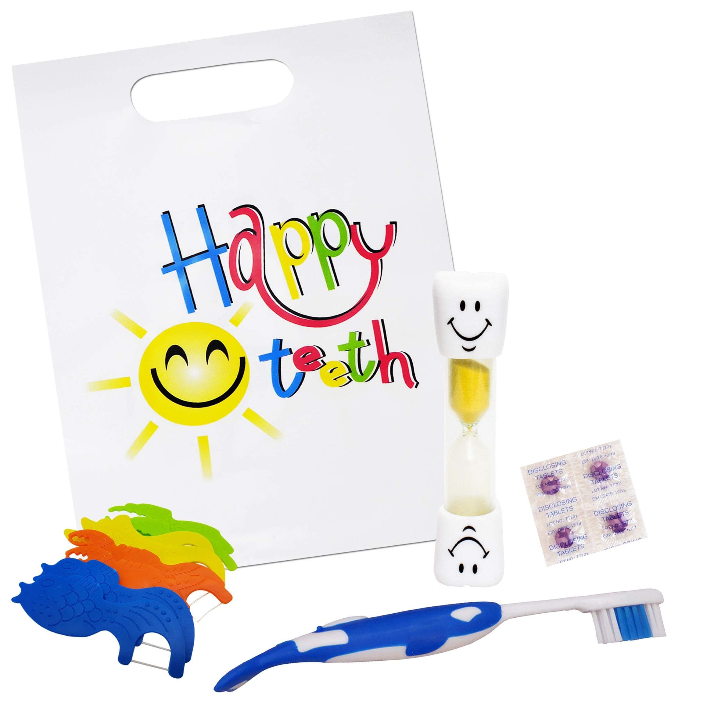 Happy Teeth Gift Bag ~ Childrens Toothbrush, Timer, Disclosing Tablets & Floss