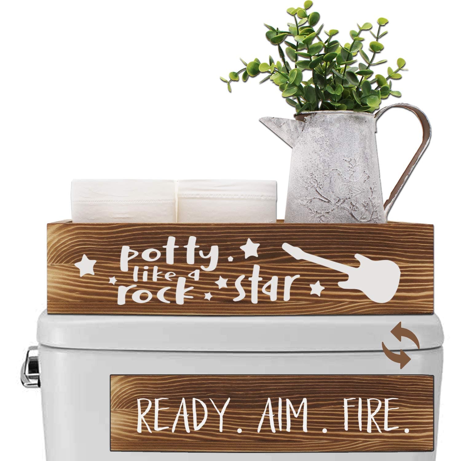 Bathroom Decor Sign Box -Ready Aim Fire & Potty Like A Rock Star -Toilet Paper Holder Stand Storage Diaper Organizer, Farmhouse Rustic Decor Gift for Housewarming
