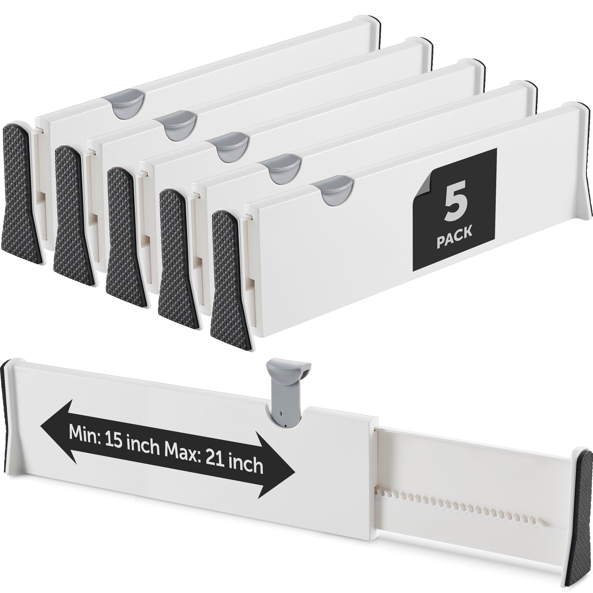 Adjustable Tall Drawer Dividers, [5 Pack] Adjusting Length from 15 Inch - 21 Inch, Drawer Organizers for Clothes, Locks in Place, Use for Bedroom, Bathroom, Kitchen & Office Organization and Storage.