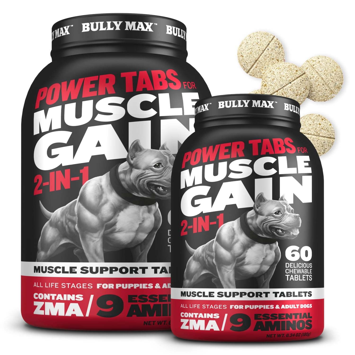 Bully Max 2-in-1 Muscle Builder Chewable Tablets for Dogs - Puppy & Dog Vitamins, Supplements for Muscle Gain & Growth - Canine Multivitamins Essentials for All Breeds & Ages - 60 Tabs, 2 Bottles