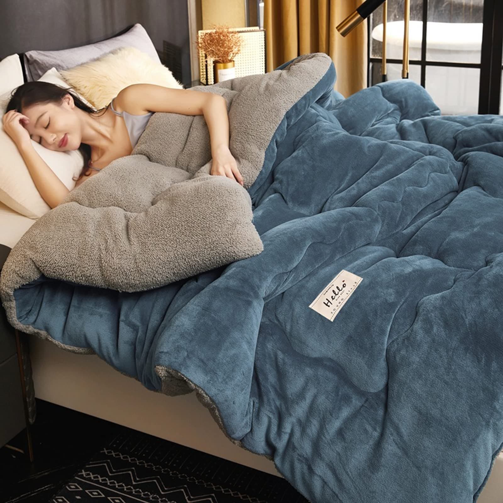 Cozy Thicker Warmth Quilt Comforter, Soft Super Thick Winter Warm Blanket Artificial Lamb Cashmere Weighted Blankets for Beds,blue,220 * 240cm 5 kg [Energy Class A]