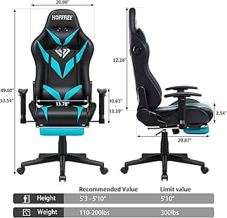 HOFFREE Gaming Chair with Bluetooth Speakers and Led Lights Massage Vide Game Chair with Footrest Reclining High Back Computer Gamer Chair Blue and Black