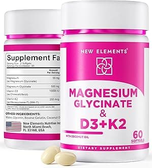 Magnesium Glycinate 500mg with High-Potency Vitamin D3 10,000 IU & Vitamin K2 200mcg | Enhanced with Coconut Oil for Optimal Absorption | Non-GMO, Gluten-Free, Sugar-Free Softgels (60 softgels)