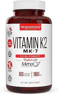 Truevantage NutritionVitamin k2 MK-7 Supplement 180mcg -Vitamin K2 Supports Bone & Heart Health for Cardiovascular Calcium Absorption from Arteries- 60 Easy to Swallow Vegetable caps of MenaQ7 K2 MK7