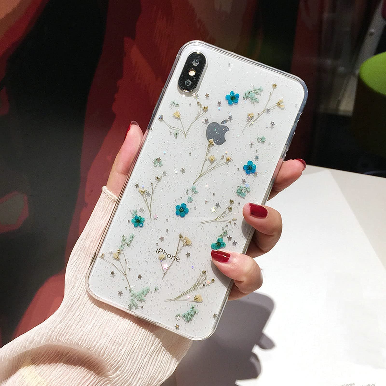 Shinymore iPhone 11 Flower Case, Soft Clear Flexible Rubber Pressed Dry Real Flowers Case Girls Glitter Floral Cover for iPhone 11-Blue
